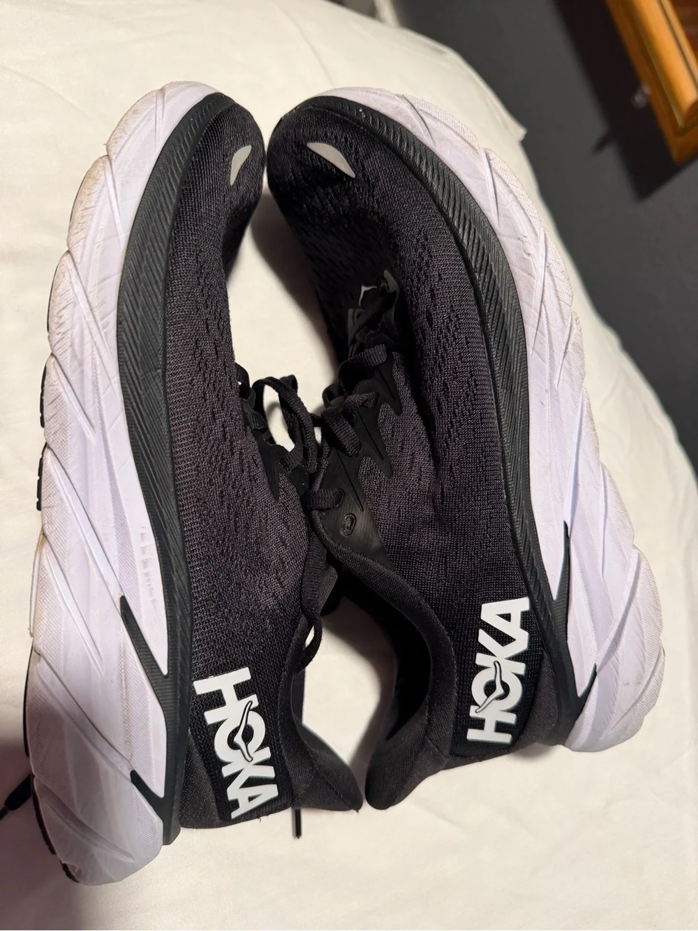 Hoka one clifton 8 women Black and White Athletic Running Shoes size 6.5B
